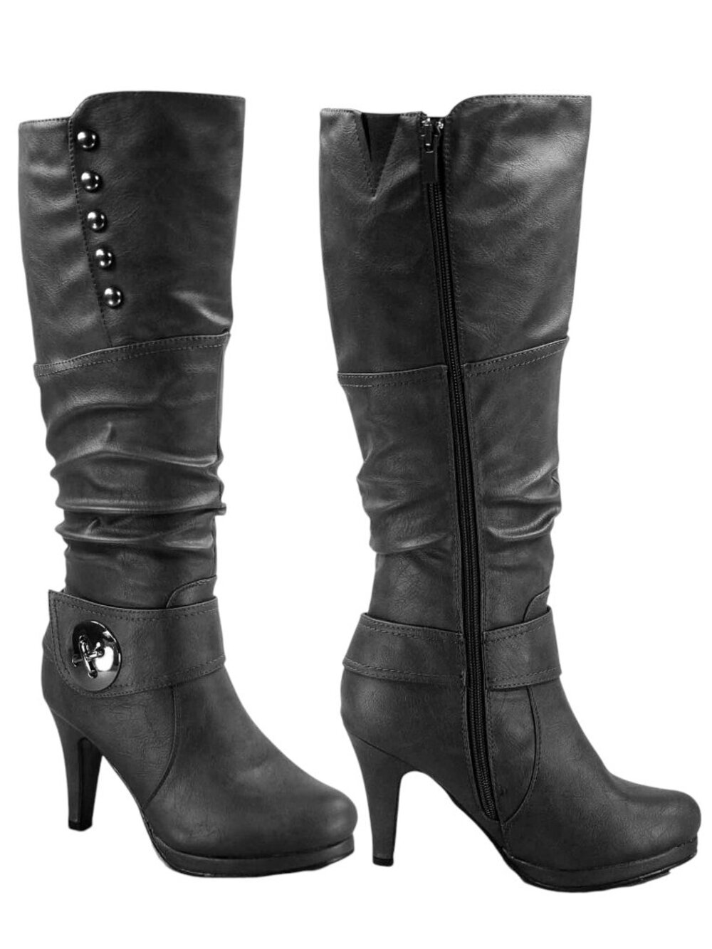 Top Moda Black Knee High Slouch Boots Studded Large Buckle High Heel Platform